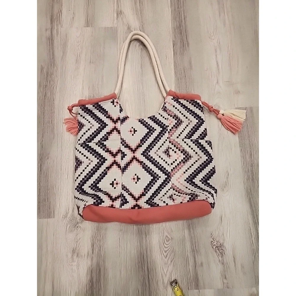 Boho Cotton Tote Or Beach Bag‎ Made in India Geometric Ikat Rope Handles Tassels